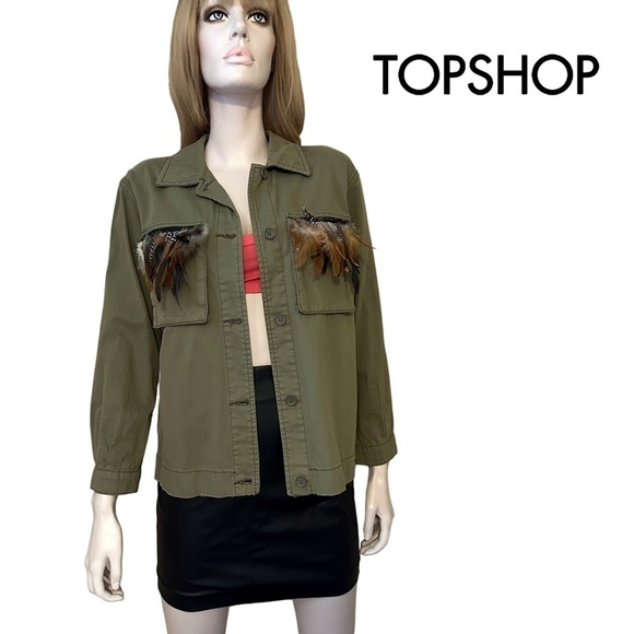 TOPSHOP Jacket Coat Plume Feathers Cotton Military Army Green Field Utility - Picture 1 of 15